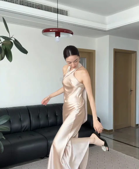 Elegant Champagne Sheath Sleeveless Bridesmaid Dresses Satin Backless Formal Dresses Slits DP3907 - Deanwangkt