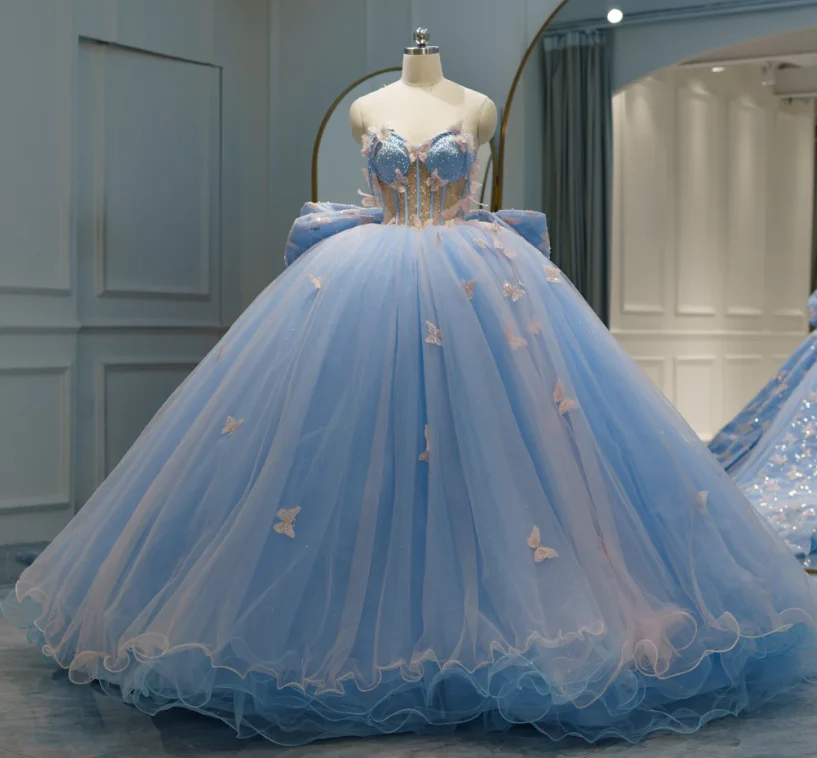 Cute Off-the-shoulder Ball Gown Tulle Long Prom Dresses Applique Blue Quinceanera Dresses Sweet 16 Dresses DP3365 - Deanwangkt