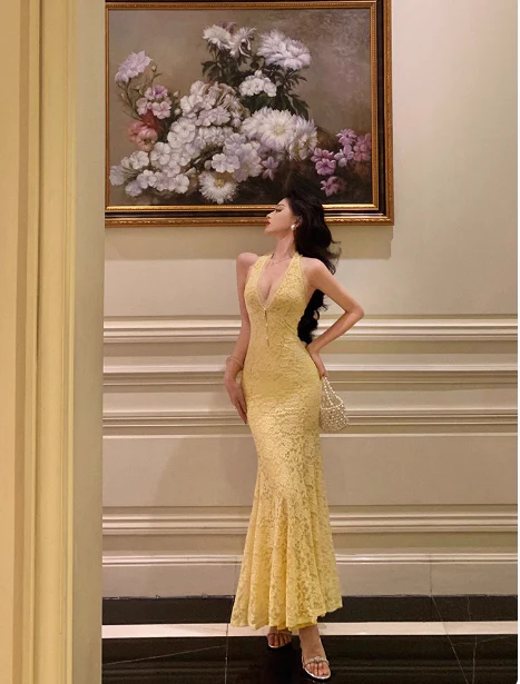 Elegant Mermaid V neckline Sleeveless Yellow Lace 21st Birthday Dress Party Gown Birthday Outfits Birthday Dress Ideas For Women DP548 - Deanwangkt