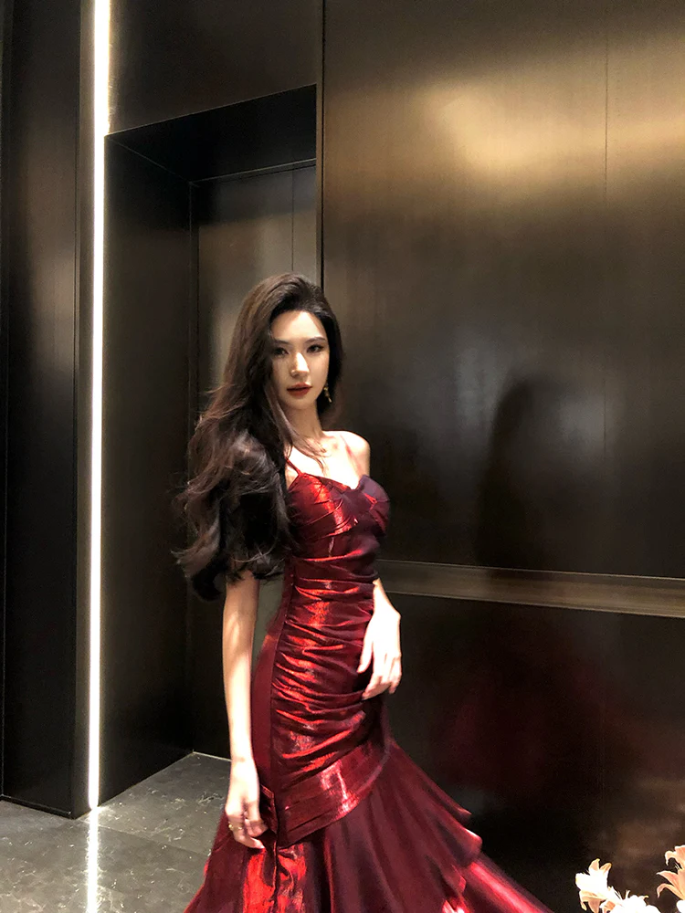 Elegant Mermaid Spaghetti Straps Sleeveless Wine Red Long Evening Dress Prom Dresses DP230 - Deanwangkt