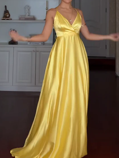 Chic V-neck Sheath Yellow Long Prom Dresses Satin Yellow Wedding Guest Dresses DP3830 - Deanwangkt