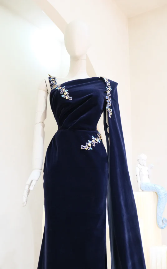 Elegant Sheath Navy Blue Long Prom Dresses, Asymmetrical Neck Navy Blue Bridal Mother-of-the-Bride Dress DP04003 - Deanwangkt