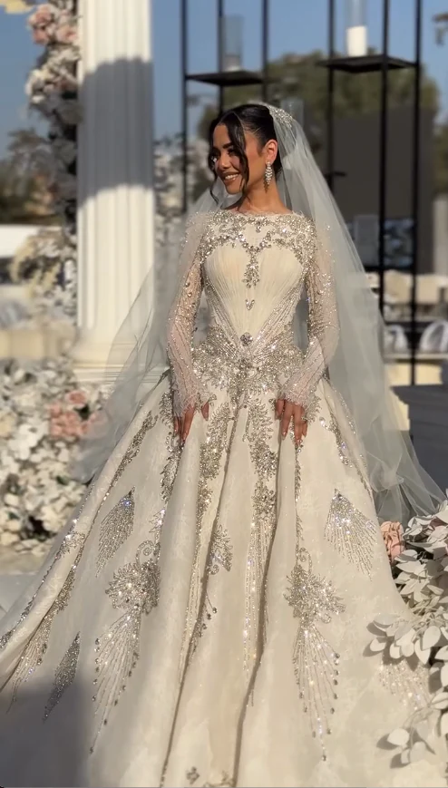 Gorgeous Jewel A-Line Long Wedding Dresses Beaded Tulle Ivory Bridal Gowns Long Sleeve Bridal Dresses DP3745 - Deanwangkt