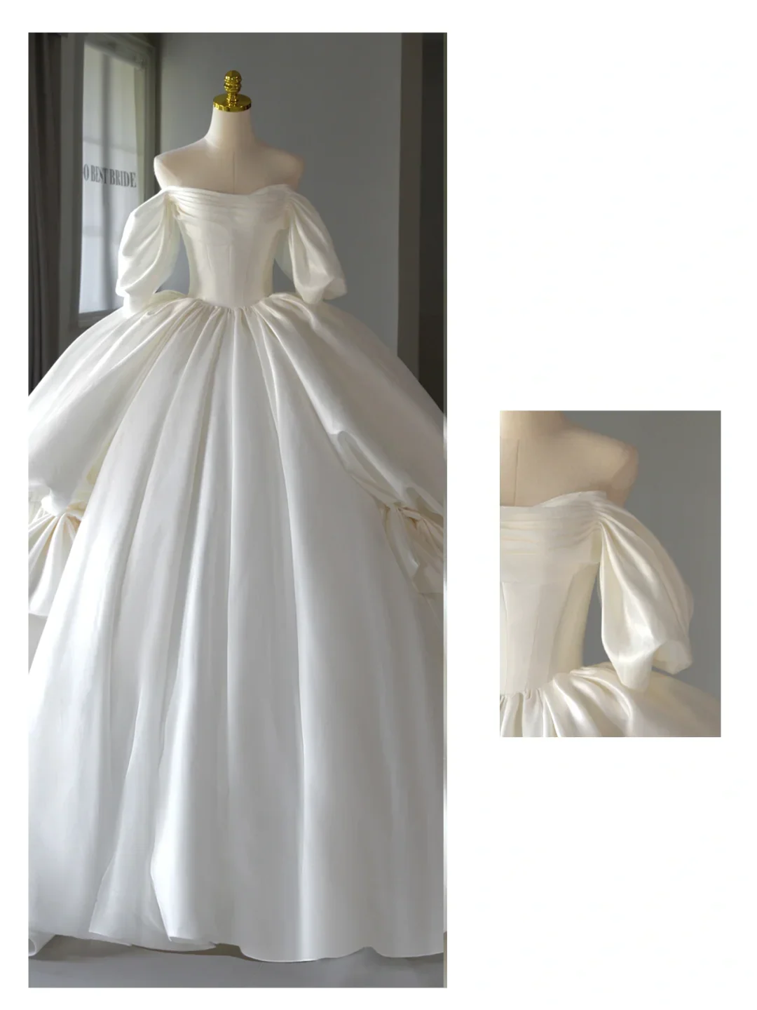 Ethereal Wedding Dress Ball Gown Off The Shoulder Satin White Short Sleeves Long Wedding Dresses Bridal Gowns - Deanwangkt