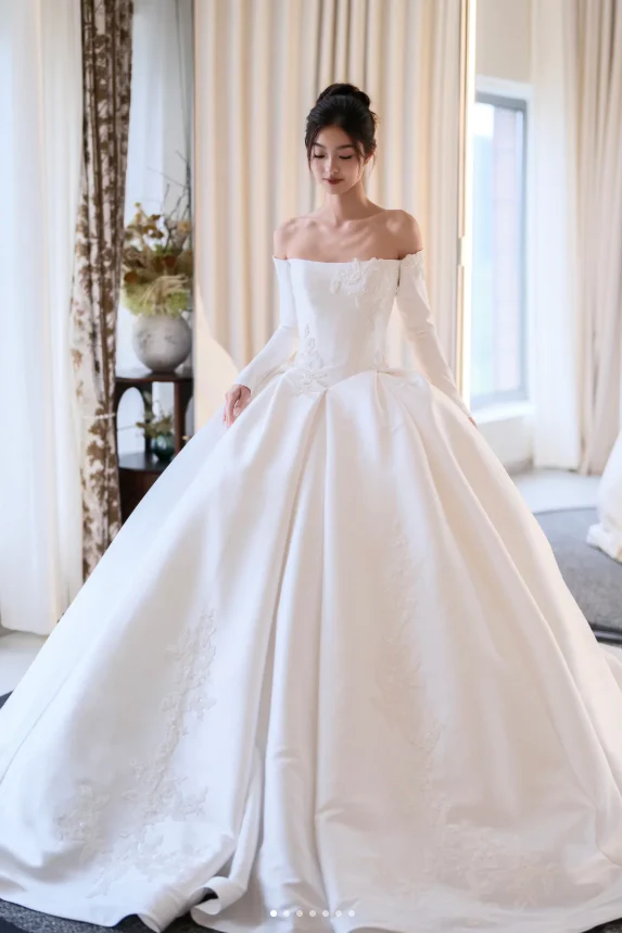Timeless Off-the-shoulder A-Line Simple Wedding Dresses Satin White Bridal Gowns Long Sleeve Bridal Dresses DP3250 - Deanwangkt