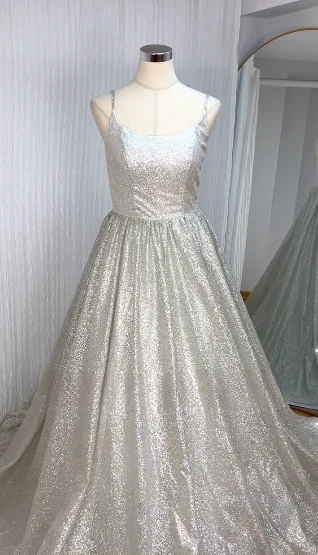 Unique Bridal Dress A line Spaghetti Straps White Sequin Long Wedding Dresses Simple Bride Dress Bridal Gowns DH1511 - Deanwangkt