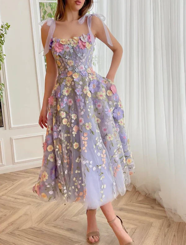 Elegant A-Line Corsets Dress Wedding Guest Summer Tea Length Sleeveless Prom Dress Scoop Neck Bridesmaid Dress Tulle with Appliques DP251 - Deanwangkt