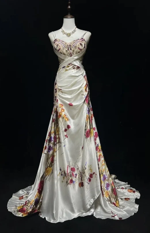 Vintage Spaghetti Strap Sheath Long Prom Dresses Floral Satin Sleeveless Evening Dress Sequin Champagne Formal Dresses DP3255 - Deanwangkt