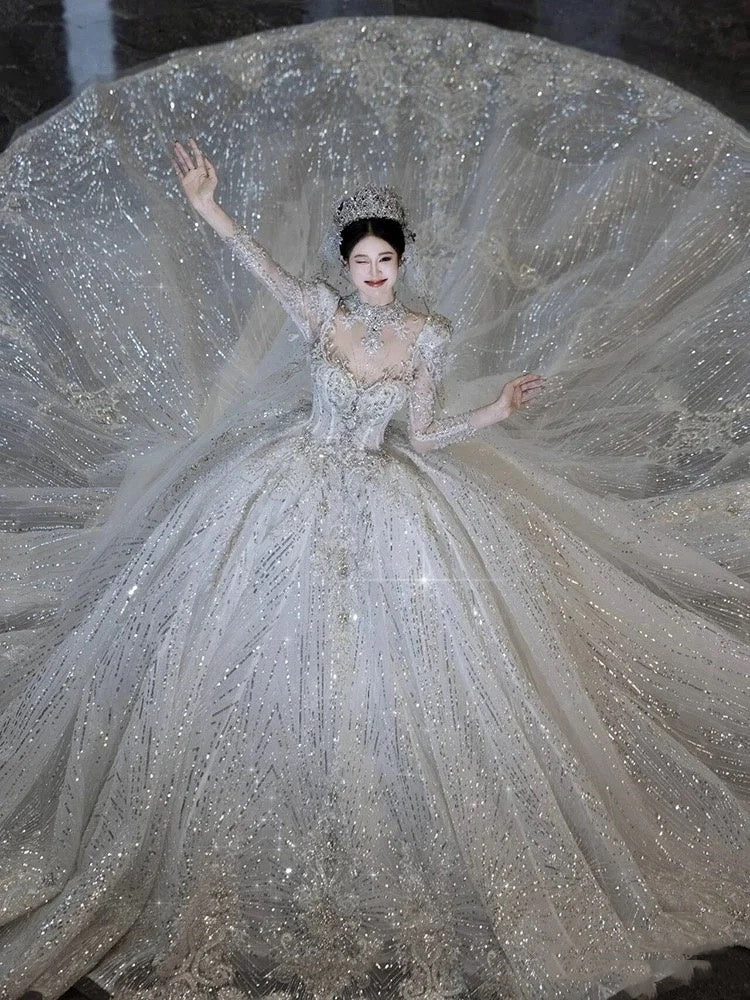 Luxury Ball Gown Sweetheart Sequin With Lace White Wedding Dress Modest Wedding Dresses Princess Wedding Gowns DH1494 - Deanwangkt