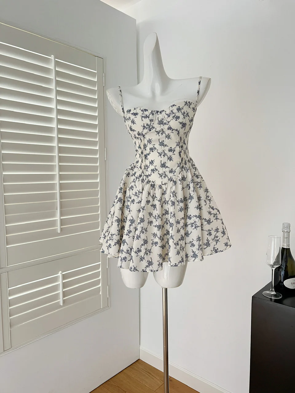 Cute A line Spaghetti Straps Blue Floral Chiffon Short Summer Dress Holiday Party Birthday Outfits DP0146 - Deanwangkt