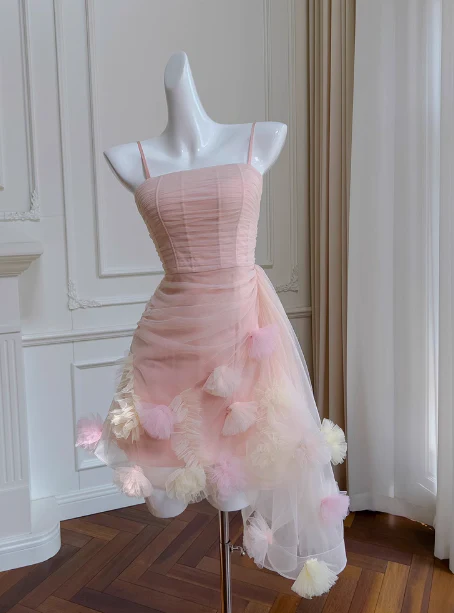 Sexy A line Spaghetti Straps Pink Tulle Short Homecoming Dresses Summer Hoco Dresses Cocktail Dress Birthday Outfits DP2297 - Deanwangkt