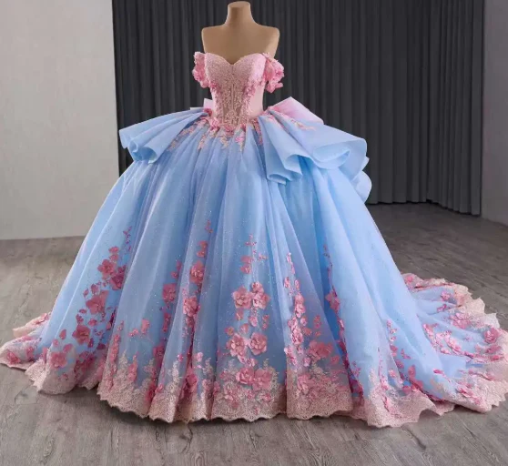 Fairy Off-the-shoulder Ball Gown Blue Long Prom Dresses Tulle Applique Blue Quinceaña Dresses Sweet 16 Dresses DP3776 - Deanwangkt