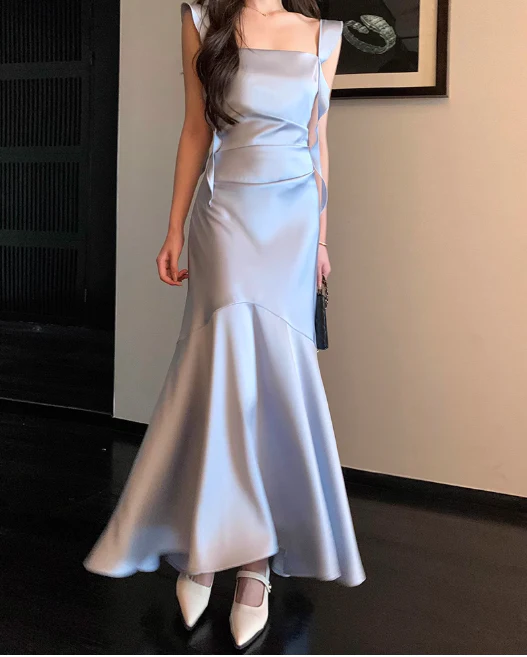 Elegant Spaghetti Strap Mermaid Satin Long Formal Evening Dress Cute Graduation Dress DP2906 - Deanwangkt