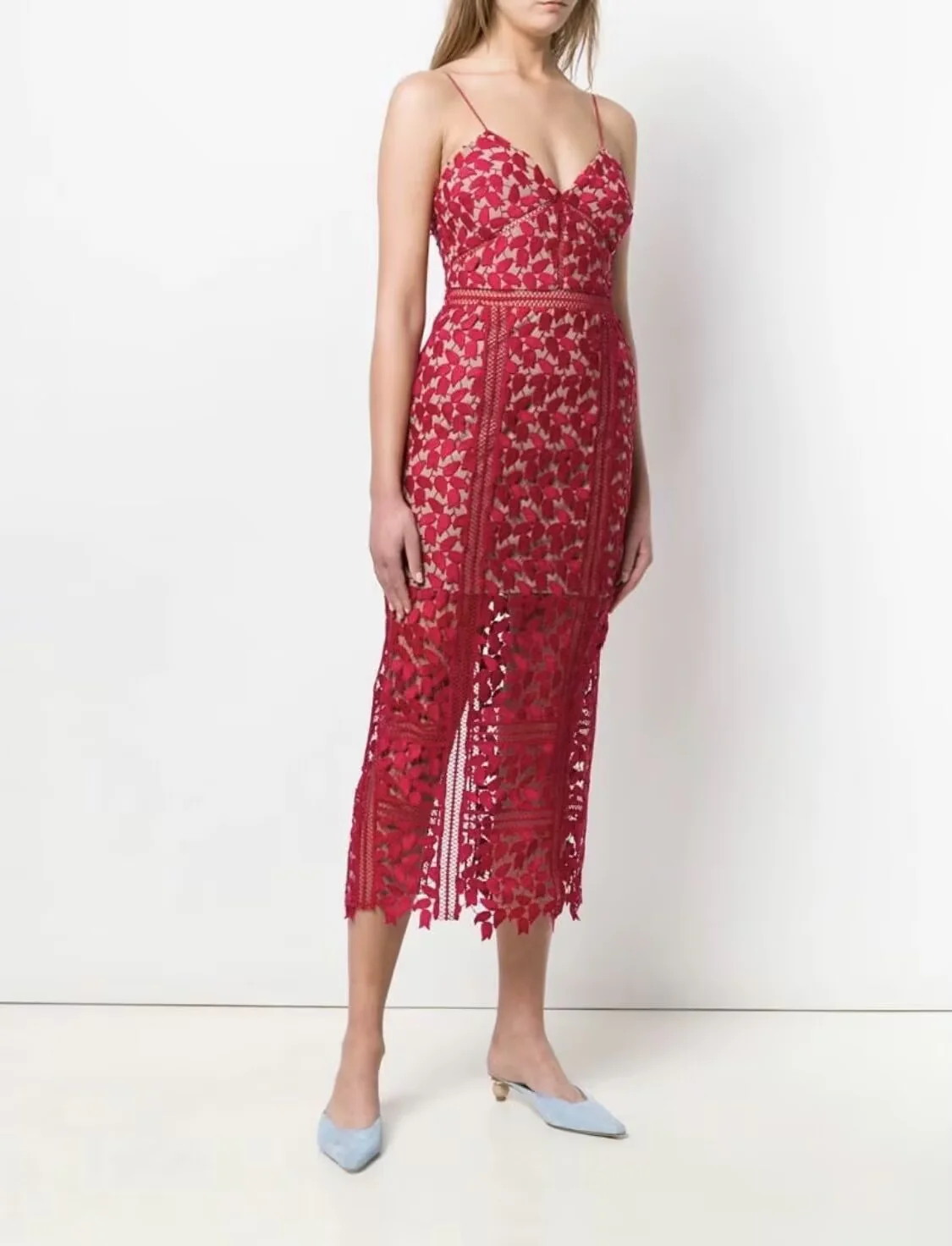 Classy Sheath Spaghetti Straps Red Lace Prom Dresses Summer Wedding Guest Dresses Wedding Guest Outfits DP748 - Deanwangkt