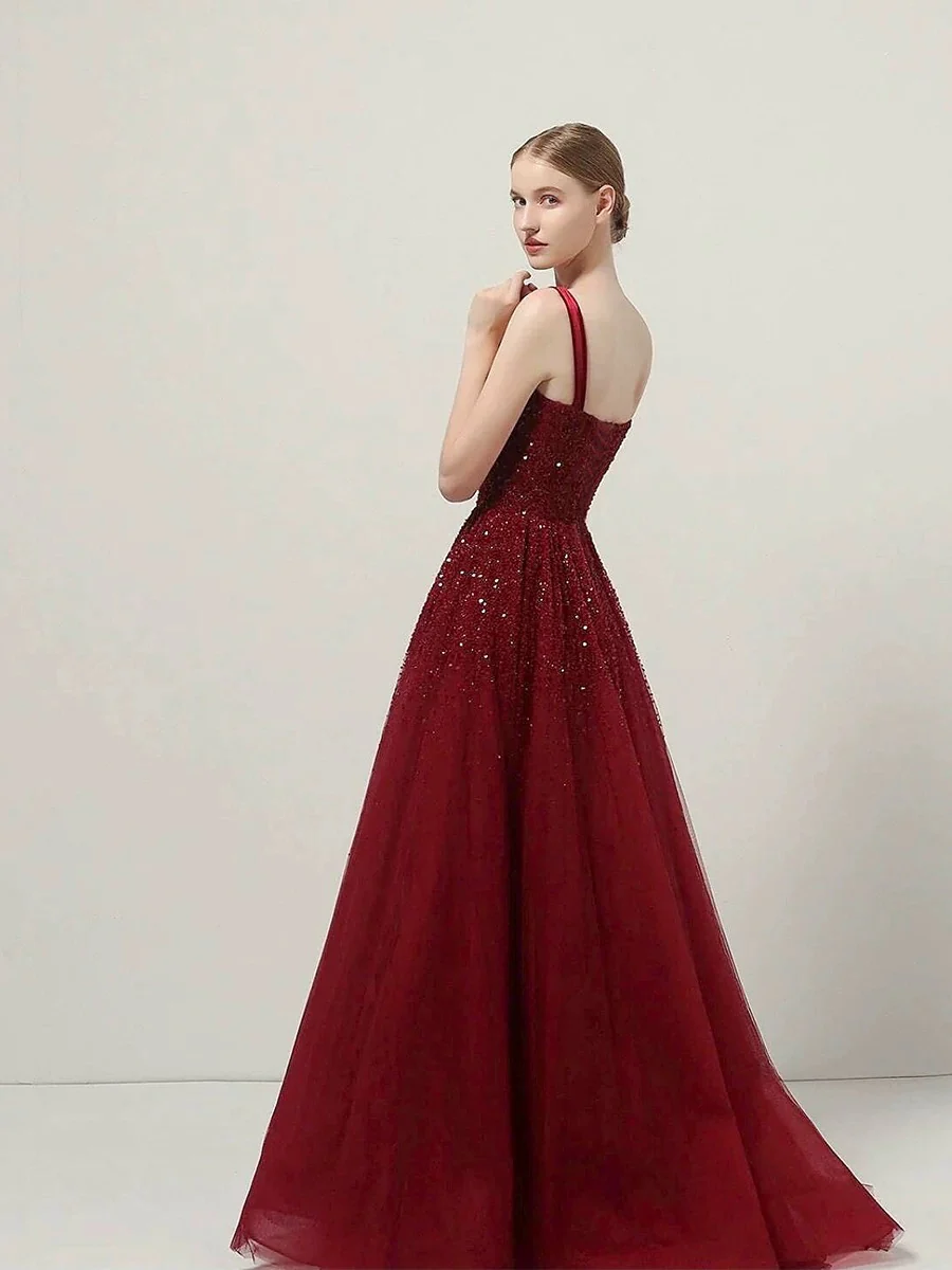 Classy Ball Gown Straps Burgundy Sequin Evening Dress Long Prom Dresses H2872 - Deanwangkt