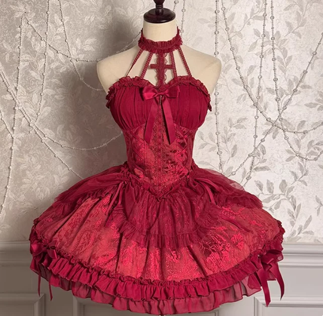 Vintage Ball Gown Halter Pink Tulle Lace 22nd Birthday Dress Lolita Dress Cute Lolita Outfits DP2760 - Deanwangkt