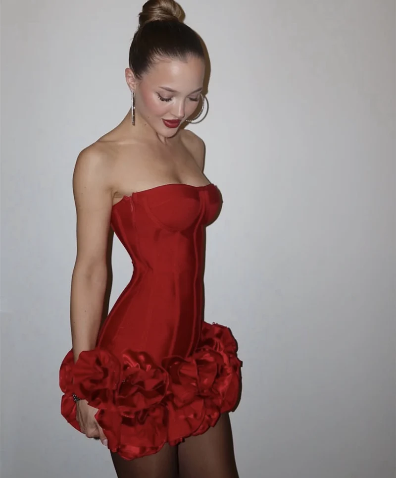 Cute Sheath Strapless Red Satin Formal Homecoming Dresses 18th Birthday Outfits Graduation Dress Short Mini Hoco Dresses DH2542 - Deanwangkt