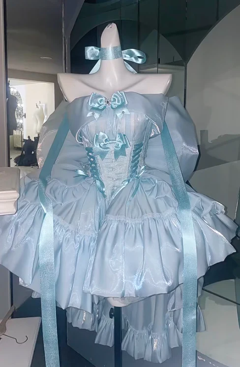 Cute Off-the-shoulder Ball Gown Tulle Short-sleeved Birthday Dress Blue Lolita Dress DP3016 - Deanwangkt