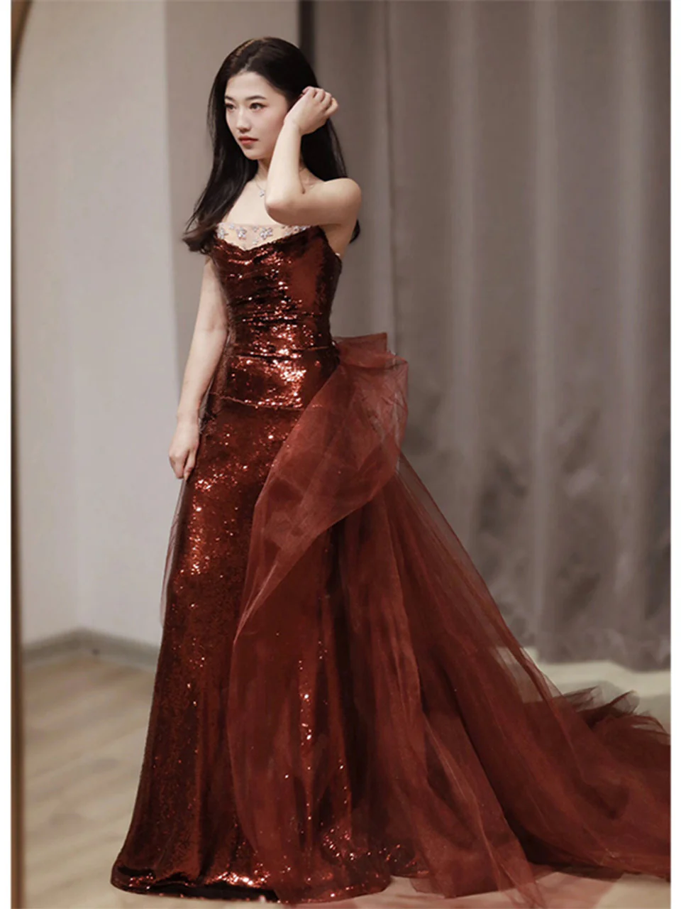 Burgundy Mermaid Sequins Tulle Strapless Prom Dress Evening Dresses DP298 - Deanwangkt