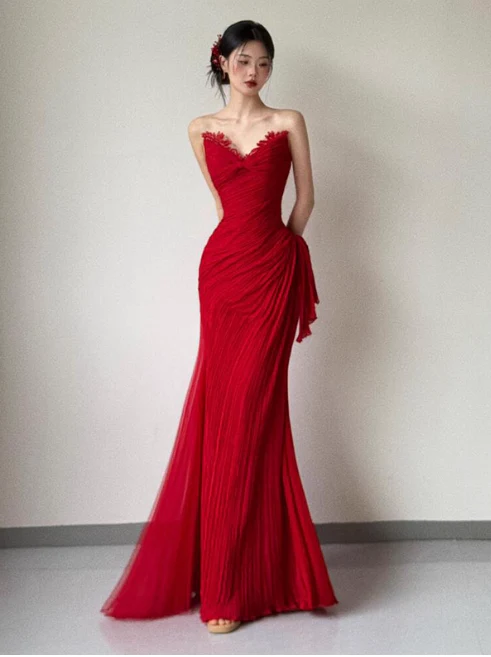 Elegant Sweetheart Neck Sheath Long Prom Dresses Lace Red Evening Dresses DP3319 - Deanwangkt