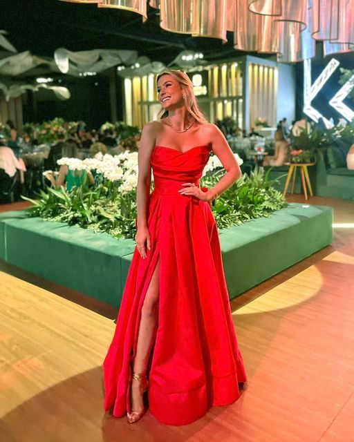 Fancy A line Sweetheart Red Long Split Pleated Evening Dress Party Gowns Evening Special Formal Dresses Prom Dress DH212 - Deanwangkt