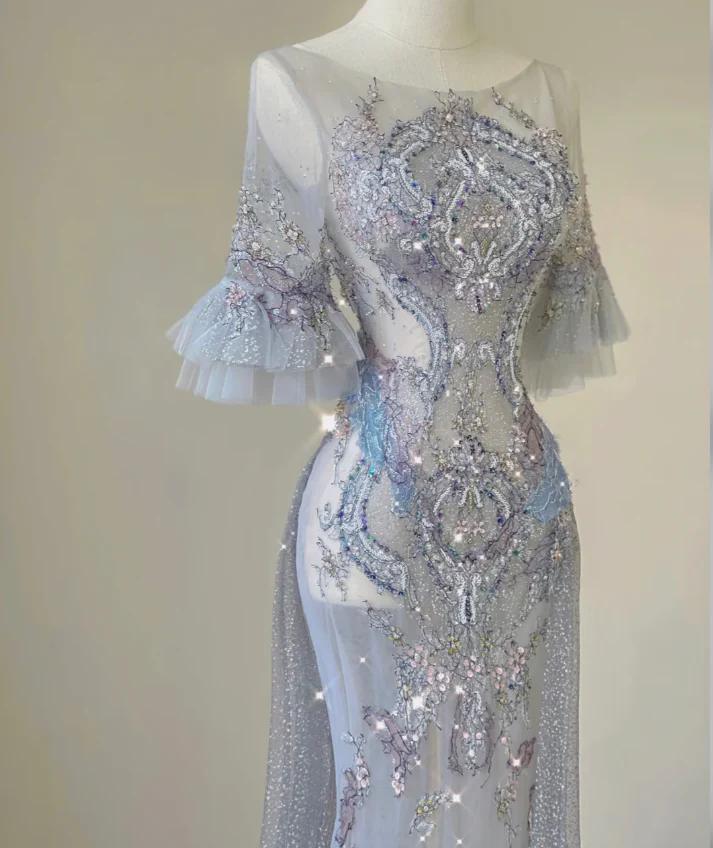 Pretty Mermaid Scoop Lace Short Sleeves Long Silver Prom Dresses Evening Dresses DP449 - Deanwangkt