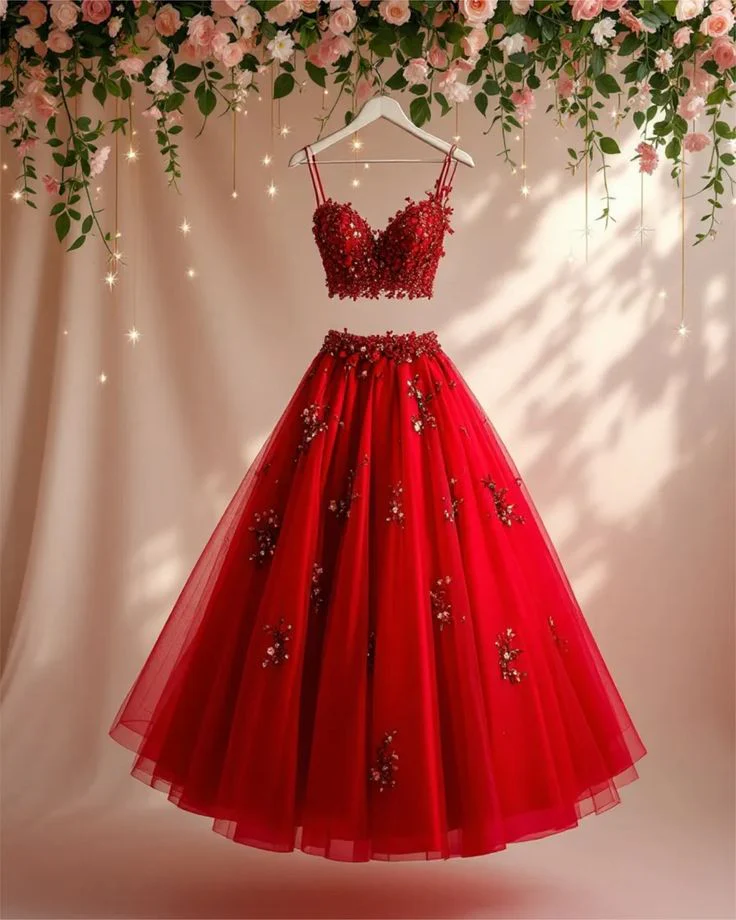 Elegant Ball Gown 2 Pieces Spaghetti Straps Red Tulle Long Prom Dresses Party Dress 21st Birthday Outfits Graduation Dresses DH2562 - Deanwangkt