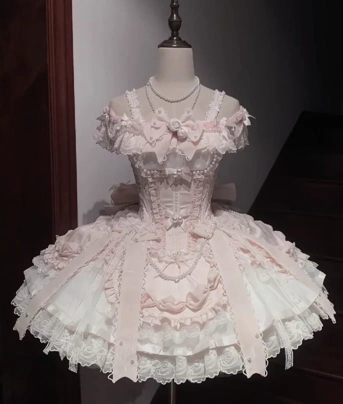 Sweet Straps Ball Gown Lace Birthday Dresses Pink Lolita Dresses DP3179 - Deanwangkt