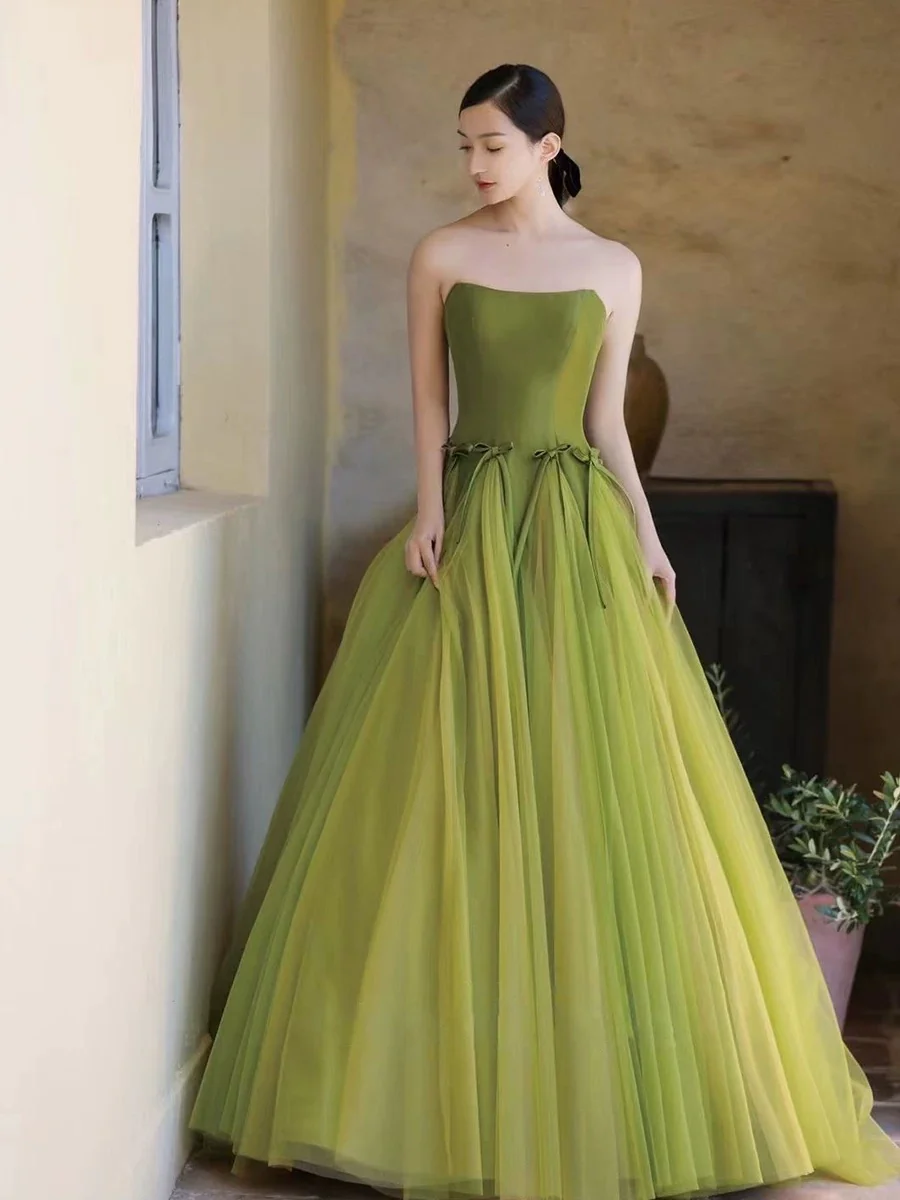Classy Elegant Ball Gown Strapless Green Sleeveless Tulle Long Prom Dresses H2892 - Deanwangkt
