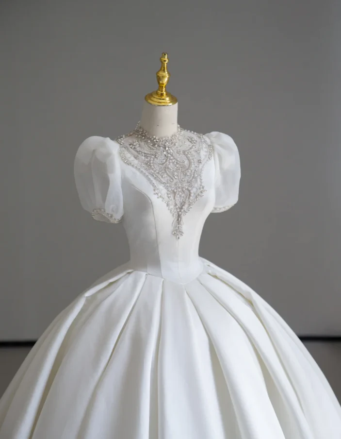 Timeless Ball Gown Scoop Neckline Short Sleeves Long Satin White Sweep Train Wedding Dresses Brides Dress DP513 - Deanwangkt