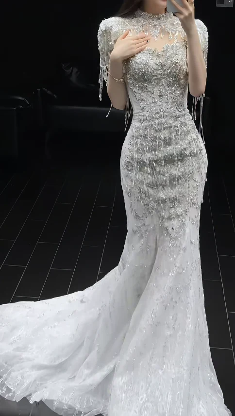 Gorgeous Mermaid Wedding Dresses with Train Beading Tulle Bridal Gowns Short Sleeve Bridal Dresses DP3353 - Deanwangkt