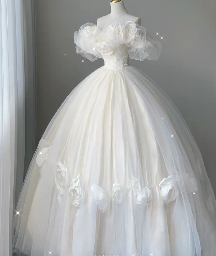 Timeless Ball Gown Off The Shoulder Short Sleeves Tulle Flowers Wedding Dresses Brides Dress DP444 - Deanwangkt