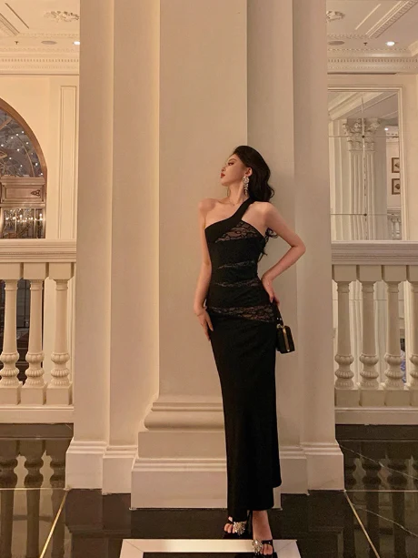 Elegant Sheath One Shoulder Black Sleeveless 18th Birthday Dress Party Gown Birthday Outfits Birthday Dress Ideas For Women DP540 - Deanwangkt