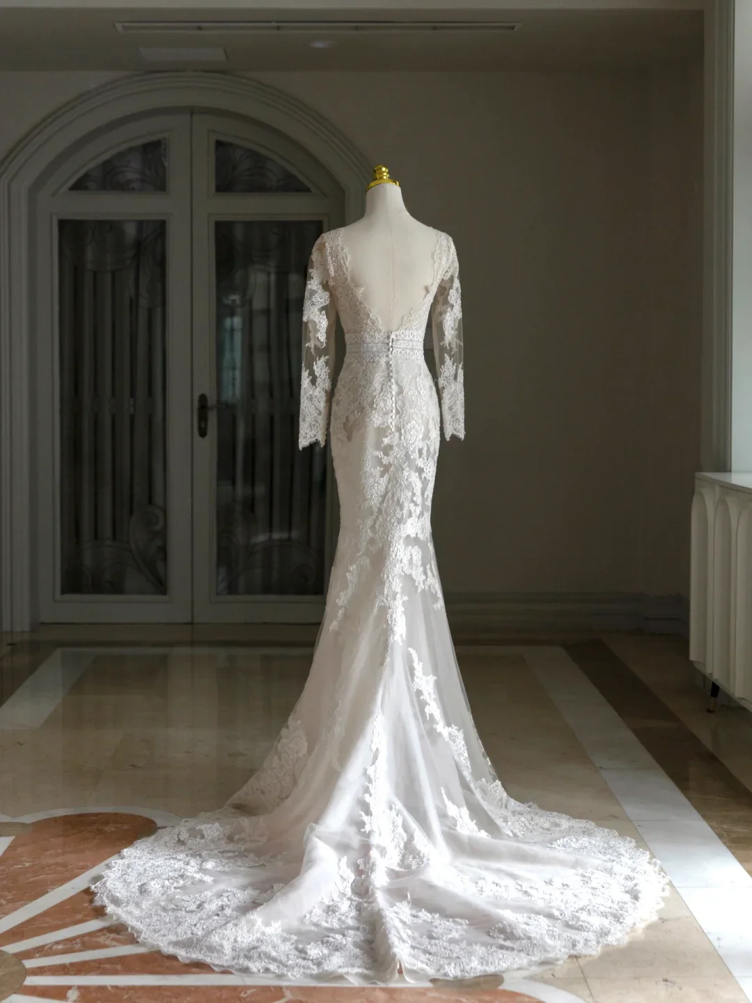 Luxury Mermaid V Neck Long Sleeves Lace White Wedding Dress Modest Wedding Dresses Princess Wedding Gowns DH1558 - Deanwangkt