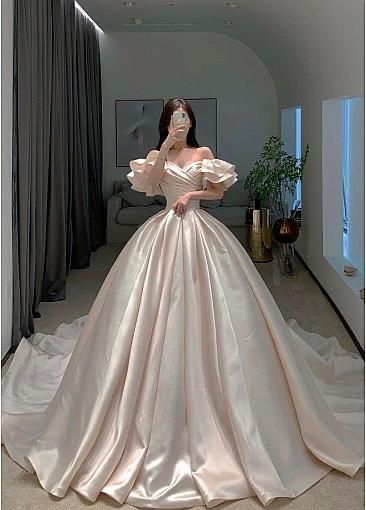 Timeless Bridal Gown Ball Gown Off The Shoulder Light Pink Long Pleated Satin Wedding Dresses Elegant Bridal Gowns DH961 - Deanwangkt