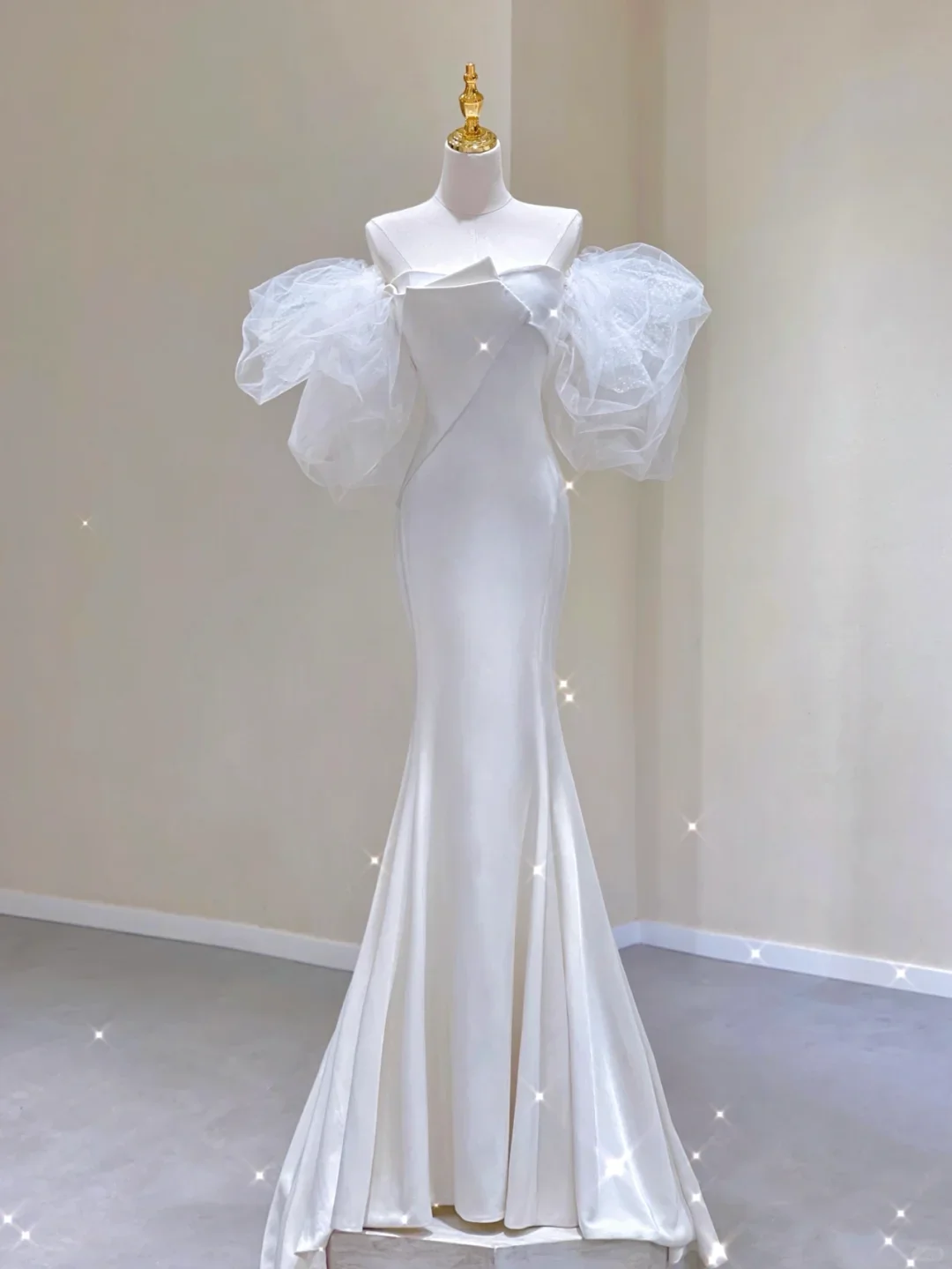 Unique Mermaid Strapless Neckline Satin With Puffy Sleeves Long Wedding Dresses White Brides Dress DP335 - Deanwangkt