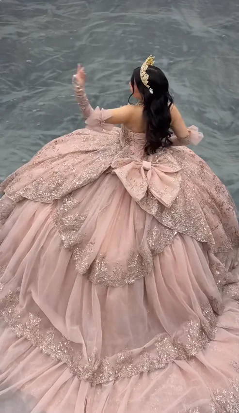 Fairy Sweetheart Pink Ball Gown Tiered Tulle Applique Long Quinceanera Dress Sparkly Sequins Formal Gowns Sweet 16 Dress DP2885 - Deanwangkt