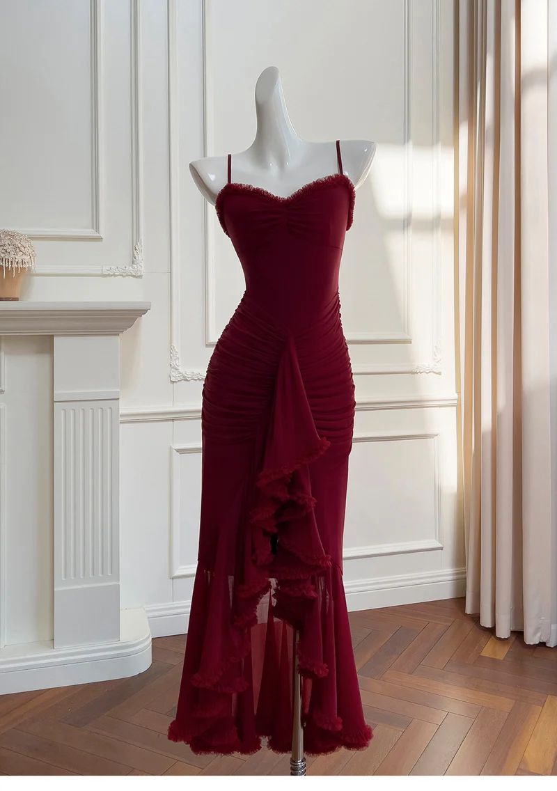 Elegant High Low Spaghetti Straps Burgundy Sleeveless Long Evening Party Gowns Evening Formal Dresses Prom Dress DH90 - Deanwangkt
