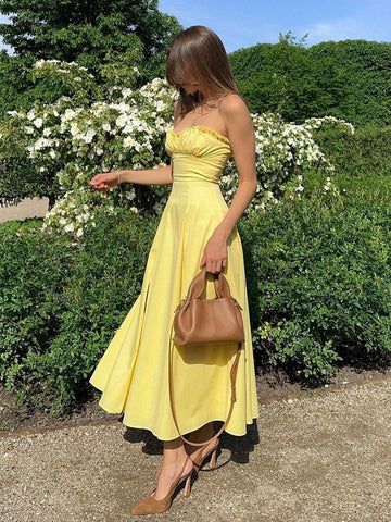 Elegant Wedding Guest Outfit A line Strapless Yellow Night Dresses Summer Wedding Guest Dresses Graduation Dresses DP740 - Deanwangkt