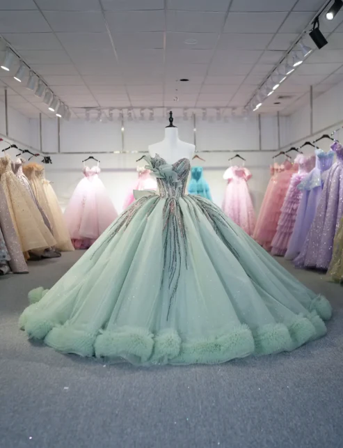 Elegant Ball Gown Sweetheart Neck Green Tulle Beaded  Long Quinceanera Dress Formal Gowns Vestido De 15 Anos Sweet 16 Dress DP2842 - Deanwangkt