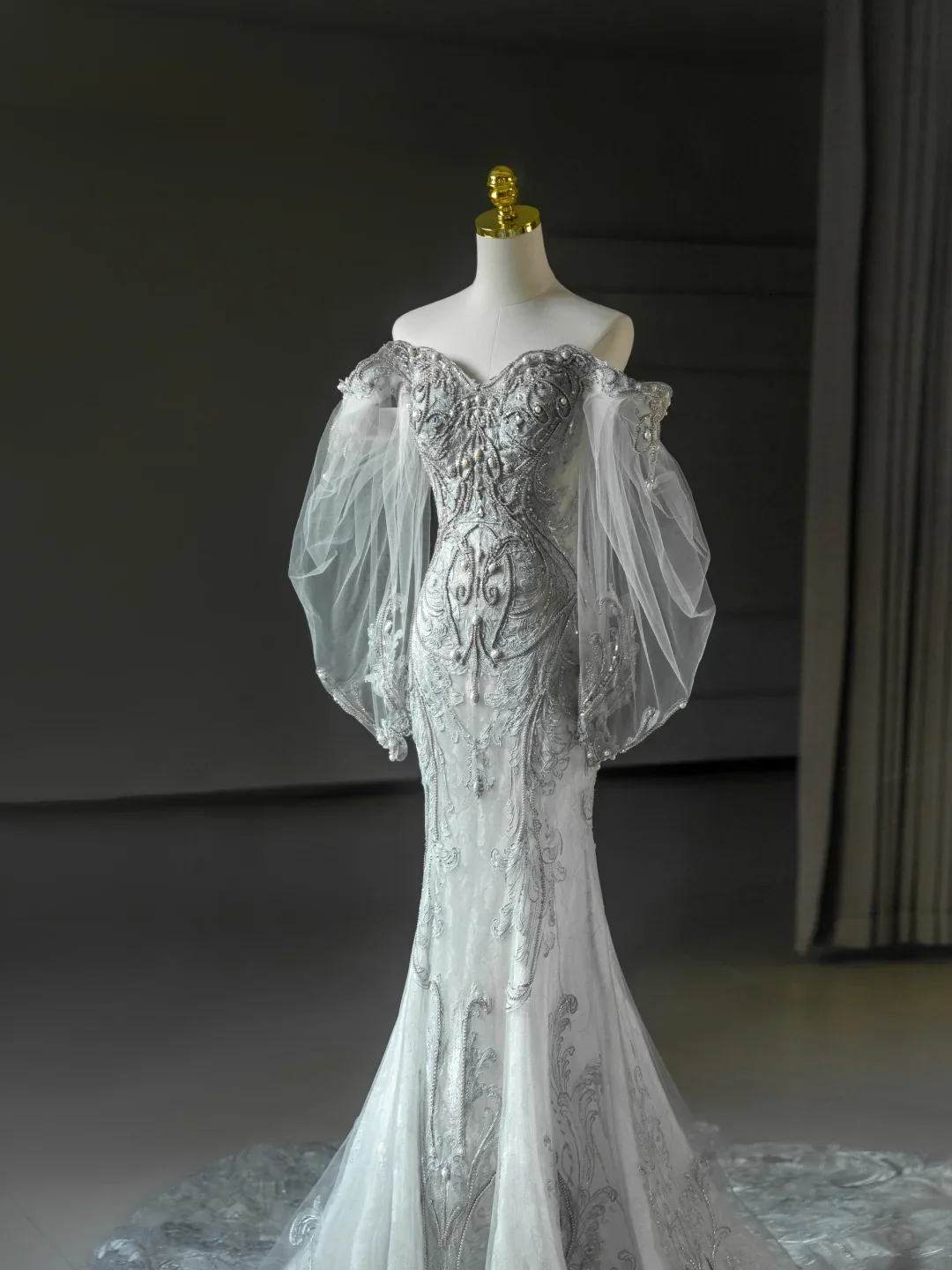 Princess Bridal Dress Mermaid Off The Shoulder Lace Tulle Long Sleeves Wedding Dress With Long Sleeves Wedding Dresses Modest Wedding Gowns DH2065 - Deanwangkt