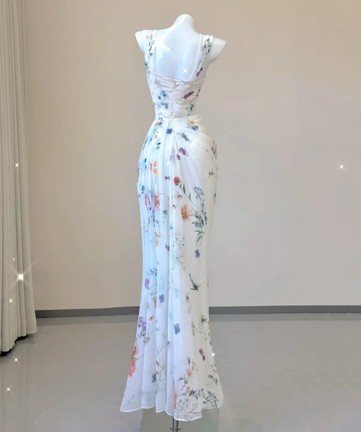 Classy Mermaid Square Neckline Floral Chiffon White Long Prom Dresses P0007 - Deanwangkt