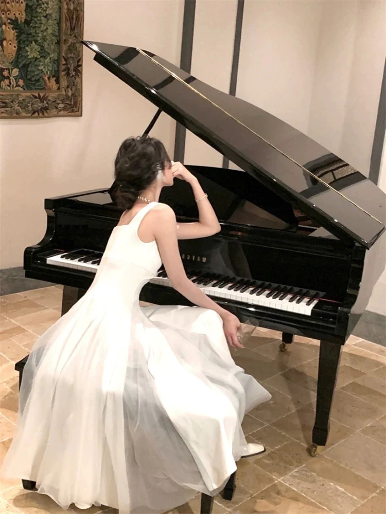 Elegant A Line Square Neck White Chiffon Sleeveless Long Evening Party Gowns Evening Formal Dresses Prom Dress DH98 - Deanwangkt