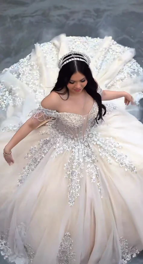 Fairy Off-the-Shoulder Ball Gown Tiered Gauze Appliqué Long Quinceanera Dress Formal Gowns Sweet 16 Dress DP2884 - Deanwangkt