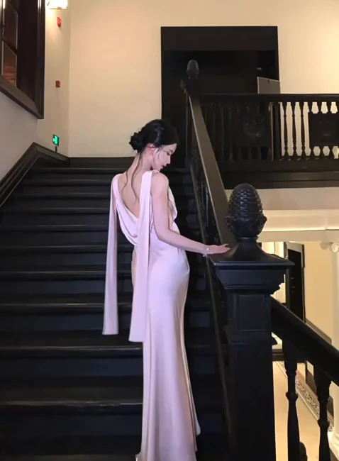 Elegant V-neck Mermaid Satin Long Formal Evening Dress Sexy Pink Graduation Dress DP2907 - Deanwangkt
