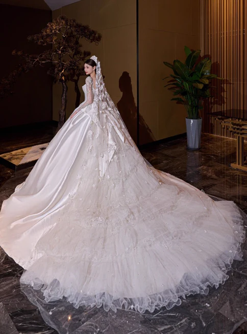 Princess Bridal Dress Ball Gown Satin White Beads Long Wedding Dress Modest Long Sleeve Bridal Gowns DP2771 - Deanwangkt