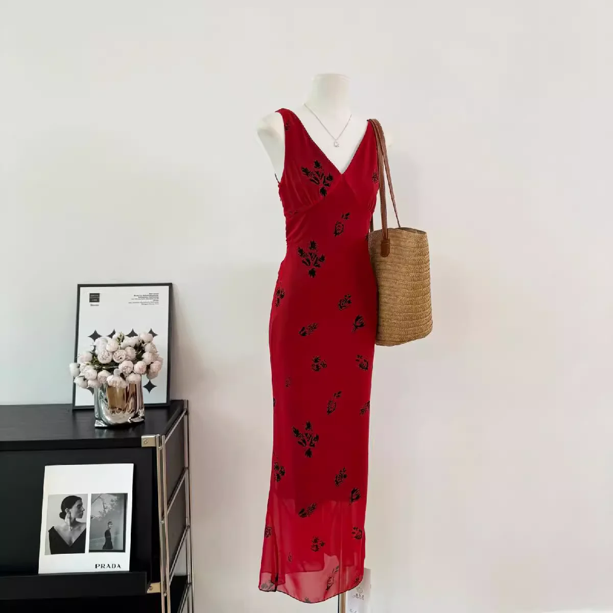 Cute A line V Neckline Red Floral Long Summer Dress For Women DP0011 - Deanwangkt