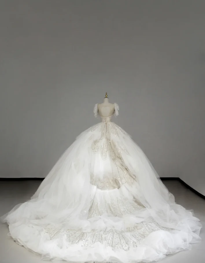 Timeless Ball Gown Scoop Short Sleeves Long Satin White Sweep Train Wedding Dresses Brides Dress DP507 - Deanwangkt