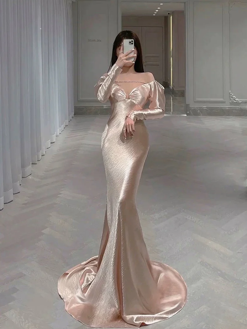 Classy Mermaid Off The Shoulder Satin Pink Long Sleeves Evening Dress Long Pink Prom Dresses H2903 - Deanwangkt