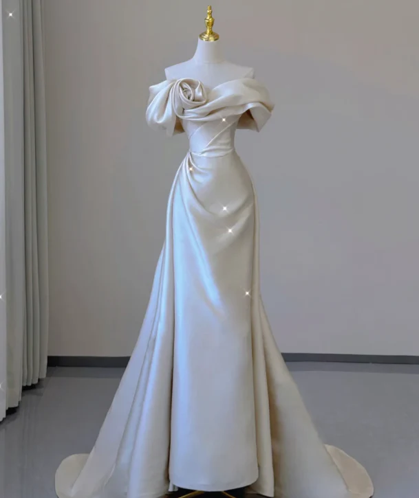 Elegant Mermaid Off The Shoulder Satin Short Sleeves Wedding Dresses Brides Dress P0010 - Deanwangkt